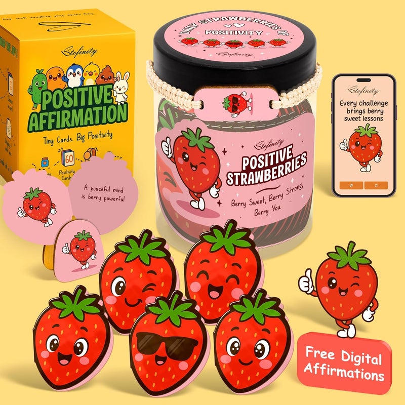 STOFINITY Emotional Support Strawberries Jar - Positive Strawberry Gifts For Women, Girls, 60 Daily Affirmation Cards For Teen Girls Trendy Stuff, Christmas Motivational Desk Decor Gifts - Image 1